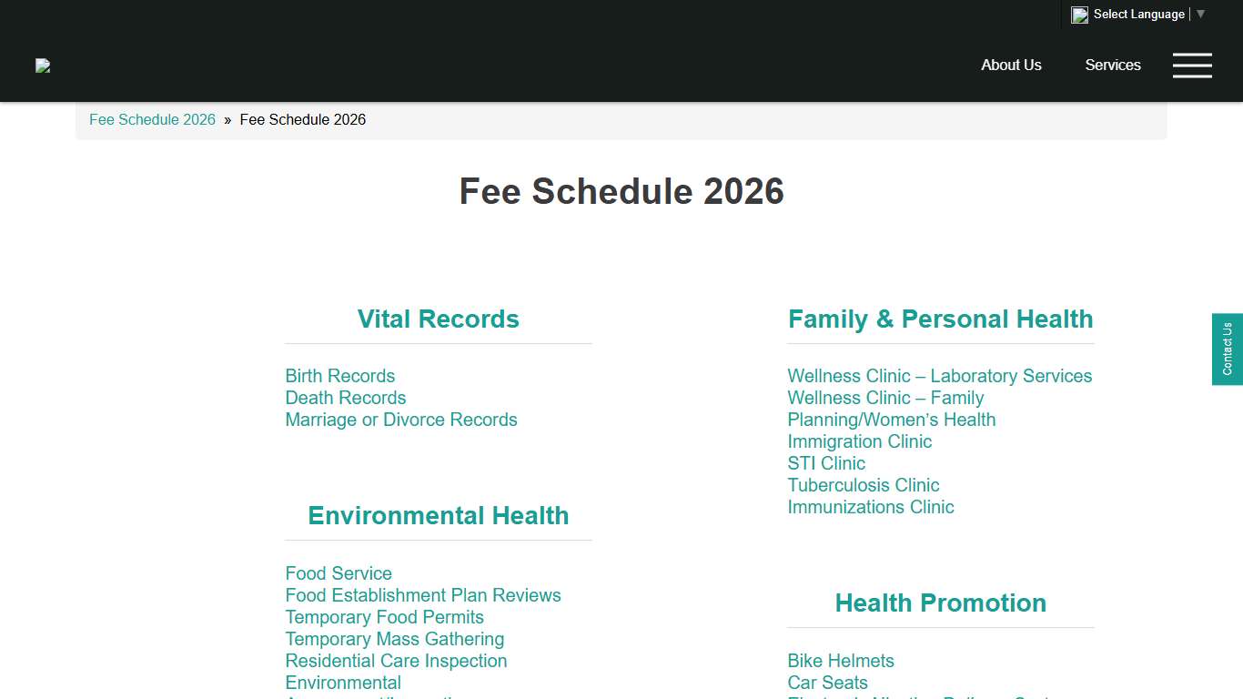 Fee Schedule 2026 Utah County Health Department