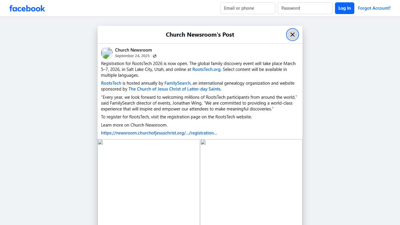Church Newsroom - Registration for RootsTech 2026 is now... Facebook